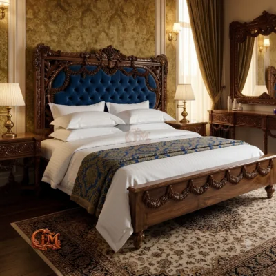 Chinioti Bedset Design B11 Antique Dark Walnut Carved Bed with Royal Blue Velvet