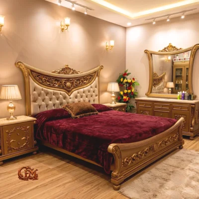 Chinioti Bedset Design B12 Premium Gold Carved Sleigh Bed with Cream Tufting