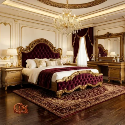 Chinioti Bedset Design B13 Luxury Royal Maroon Velvet Antique Gold Carved Bed