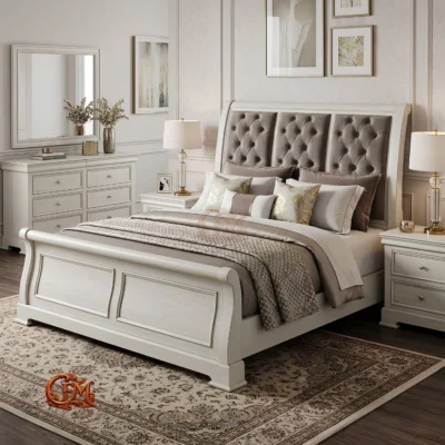 Chinioti Bedset Design B16 – Antique Off-White Sleigh Bed