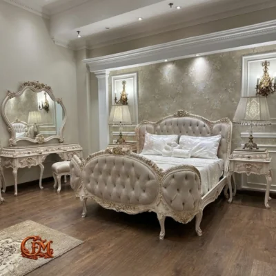 Chinioti Bedset Design B19 – Luxury Tufted Royal Cream & Gold Bed
