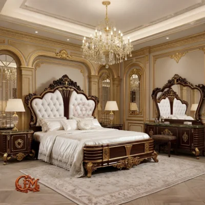 Chinioti Bedset Design B20 – Luxury Imperial Dark Walnut & Gold Bed