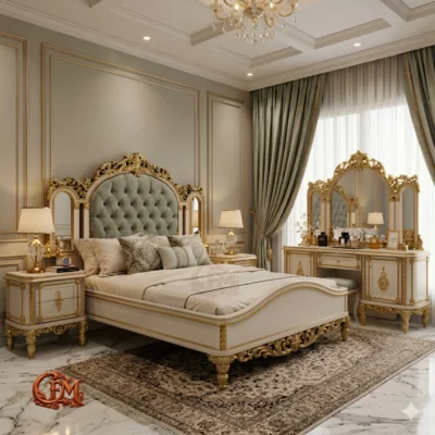 Chinioti Bedset Design B21 – Antique Ivory & Antique Gold Triptych Mirror Bed