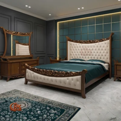 Chinioti Bedset Design B23 – Modern Turkish Flare Walnut & Tufted Cream Bed