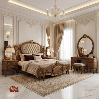 Chinioti Bedset Design B3 Luxury Oval Tufted Carved Wood King Bed