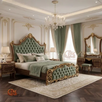 Chinioti Bedset Design B4 Luxury Green Tufted Crown Carved Wood King Bed