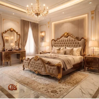 Chinioti Bedset Design B5 Luxury Camelback Tufted Carved Wood King Bed