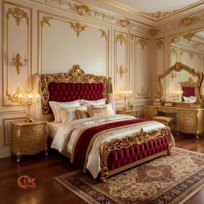 Chinioti Bedset Design B6 Luxury Maroon Tufted Heavy Carved Gold Bed