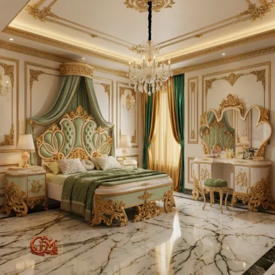 Chinioti Bedset Design B7 Luxury Mint Green Tufted Triple Leaf Royal Bed