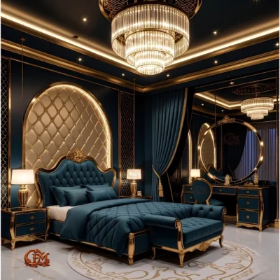 Chinioti Bedset Design B8 Luxury Teal Blue Tufted Circular Mirror Royal Bed
