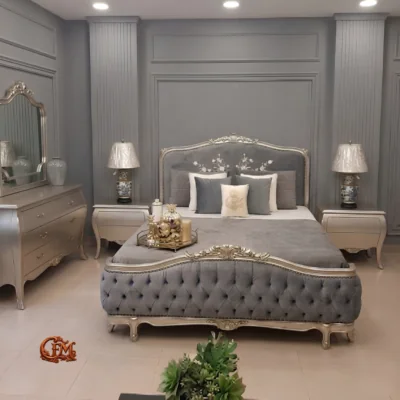 Chinioti Bedset Design B9 Luxury Champagne Silver Tufted Embroidered Bed