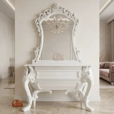 Chinioti Furniture Console Table with Mirror Frame C3 Royal French Baroque Ivory White