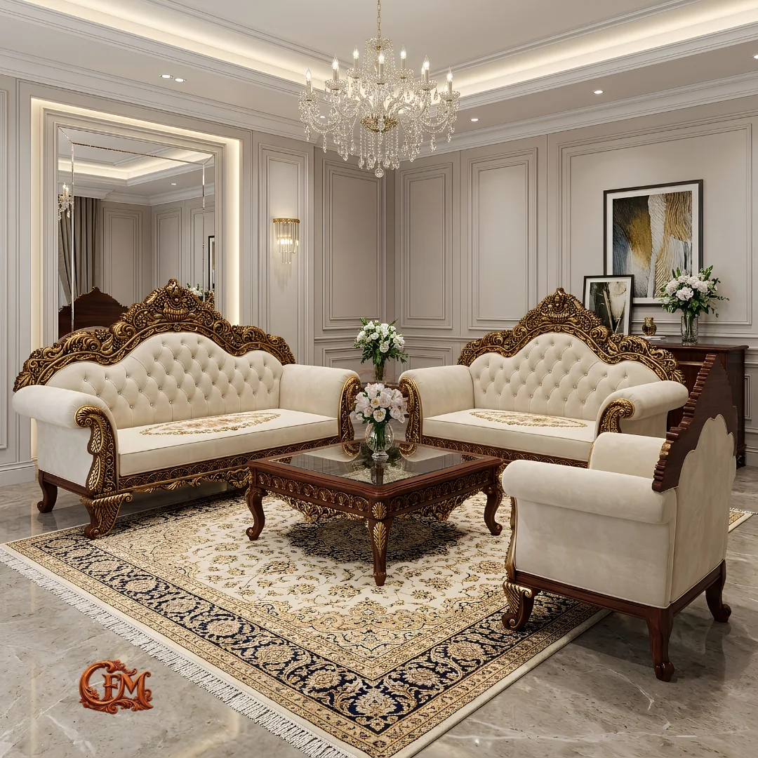 Chinioti Furniture Sofaset Design S7 Royal Victoria Crown Antique Walnut Cream