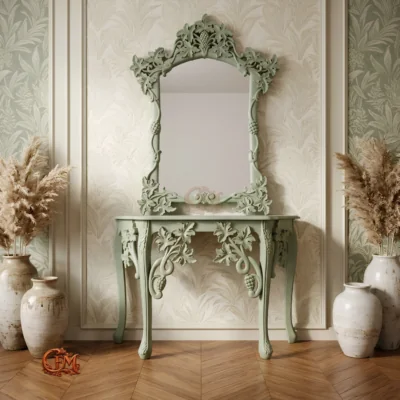 Chinioti Furniture Console Table with Mirror Frame C4 Rococo Sage Green Grapevine Carving