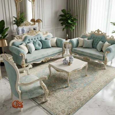Chinioti Furniture Sofaset Design S8 Royal Victoria Ivory Aqua Blue
