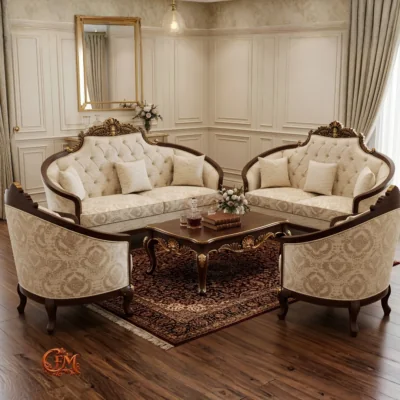 Chinioti Furniture Sofaset Design S9 Royal Victoria Tufted Cream Brocade