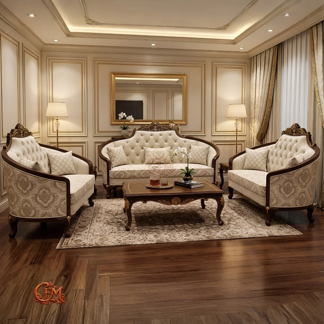 Chinioti Furniture Sofaset Design S9 Royal Victoria Tufted Cream Brocade