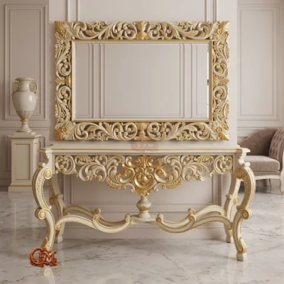 Chinioti Furniture Console Table with Mirror Frame C5 Royal Ivory Gold Heavy Baroque