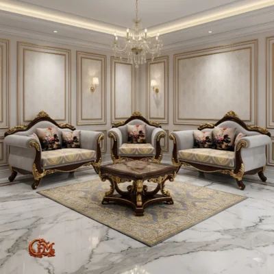 Chinioti Furniture Sofaset Design S10 Royal Turkish Baroque Walnut Grey
