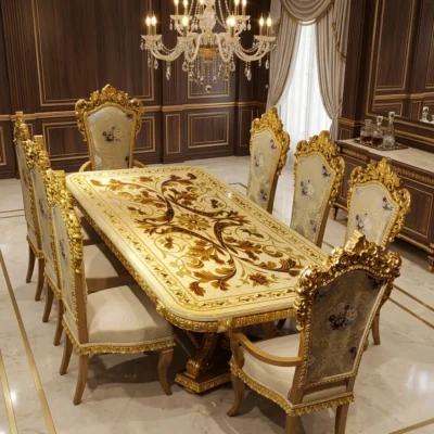 Chinioti Furniture Dining Table Set design DT10 Rococo Crest Elite Marquetry