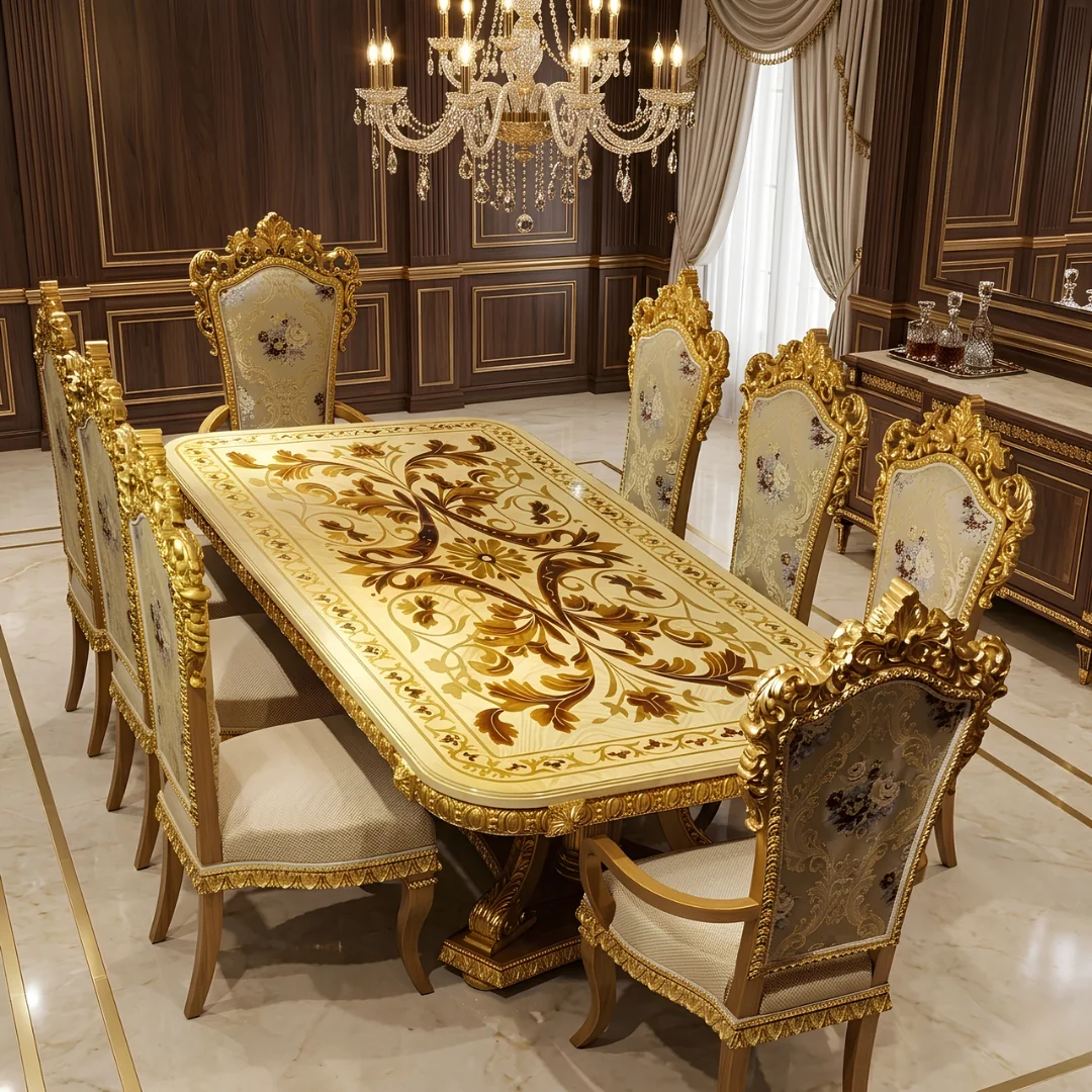 Chinioti Furniture Dining Table Set design DT10 Rococo Crest Elite Marquetry