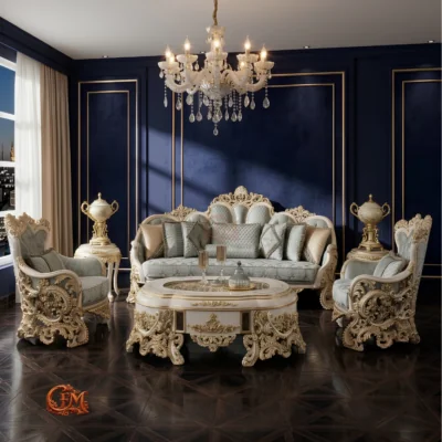 Chinioti Furniture Sofaset Design S12 Royal Palace Ivory Ice Blue