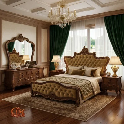 Chinioti Bedset Design B14 Antique Walnut Sinuous Carved Bed with Olive Tufting