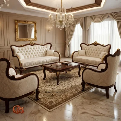 Chinioti Furniture Sofaset Design S14 Royal Victoria Tufted Walnut Cream Brocade