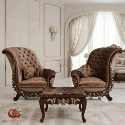 Chinioti furniture Bedroom Chair Set with Coffee Table BC22 Imperial Chesterfield Camel