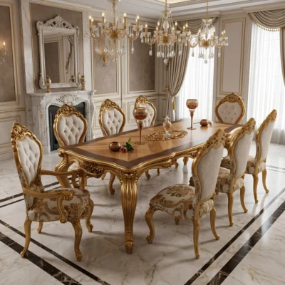 Chinioti Furniture Dining Table Set design DT14 Baroque Crest Tufted Veneer
