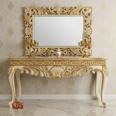 Chinioti Furniture Console Table with Mirror Frame C9 Royal Ivory Gold Baroque