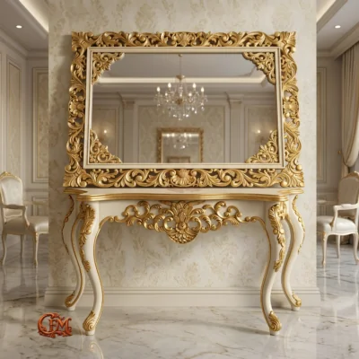 Chinioti Furniture Console Table with Mirror Frame C10 Royal Ivory Full Gold Antique