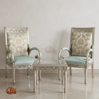 Chinioti furniture Bedroom Chair Set with Coffee Table BC26 Sleek Silver Damask