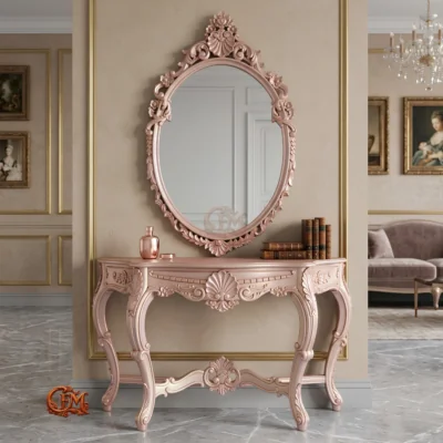 Chinioti Furniture Console Table with Mirror Frame C11 Royal Ivory Gold Oval