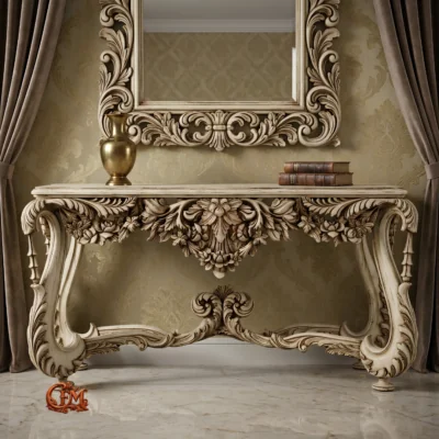 Chinioti Furniture Console Table with Mirror Frame C14 Antique White Heavy Carved