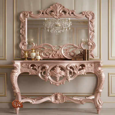 Chinioti Furniture Console Table with Mirror Frame C15 Rose Gold Metallic Baroque