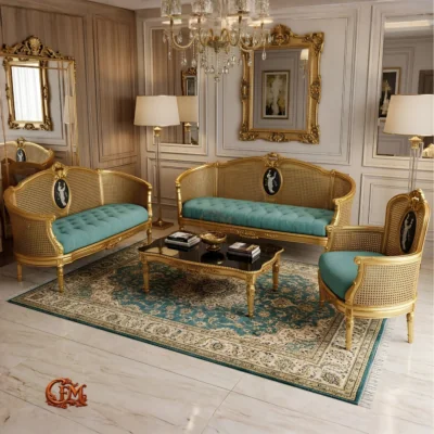 Chinioti Furniture SofaSet Design S3 Royal French Cane Weaving Turquoise