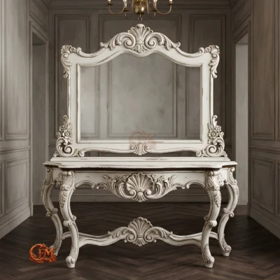 Chinioti Furniture Console Table with Mirror Frame C16 Antique Off White Distressed Rococo