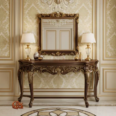 Chinioti Furniture Console Table with Mirror Frame C18 Luxury Walnut Gold
