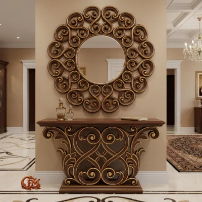 Chinioti Furniture Console Table with Mirror Frame C19 Luxury Walnut Open Scroll