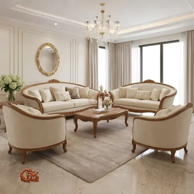 Chinioti Furniture Sofaset Design S4 Royal Italian Victorian Cream Velvet
