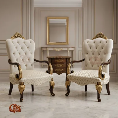 Chinioti furniture Bedroom Chair Set with Coffee Table BC5 Cream Walnut Gold