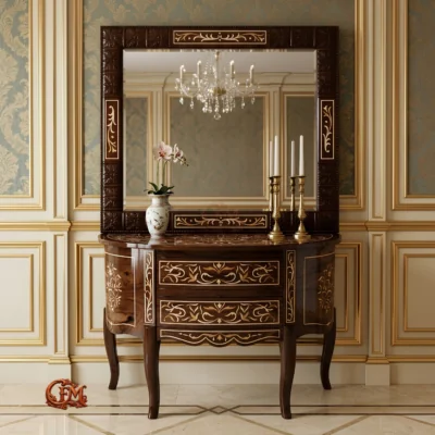 Chinioti Furniture Console Table with Mirror Frame C20 Luxury Walnut Brass Inlay
